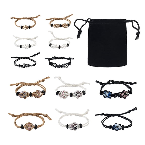 6pcs Adjustable Waxed Polyester Cord Macrame Pouch Bracelet Making Interchangeable Stone with Black Gemstone Beads Mixed color