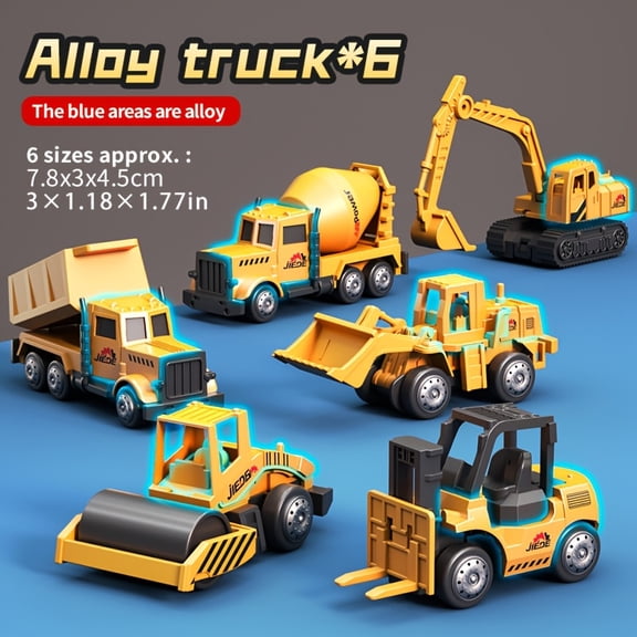 6pcs Alloy Small Construction Cars Vehicles, Die Cast Mini Construction Truck Toys, Bulldozers Excavator Cement Dump Toys, Birthday Easter Halloween Christmas Thanksgiving