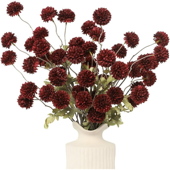 6pcs Artificial Flowers Faux Silk Pompon Mum,Silk Small Mini Chrysanthemum Ball with Stems for DIY Bouquets Centerpieces Vase Home Table Kitchen Decorations(Burgundy)