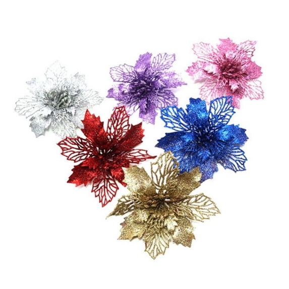 6pcs Artificial Poinsettia Flower Christmas Flowers Glitter Poinsettias Wedding Holiday Christmas Tree Floral Decor Hollow Flower
