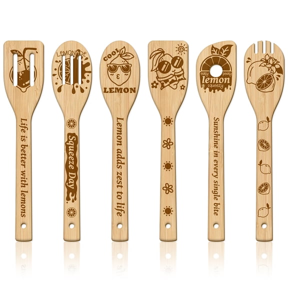 6pcs Bamboo Spoons & Knifes & Forks Flatware for Dessert Lemon 60x300mm 6 style 1pc/style 6pcs/set