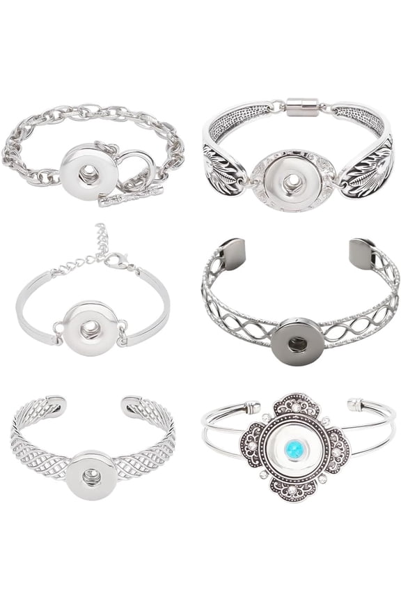 6pcs Bangle Bracelets Collection - Interchangeable Charms Adjustable Snap Bracelets for DIY Jewelry Accessory Gray