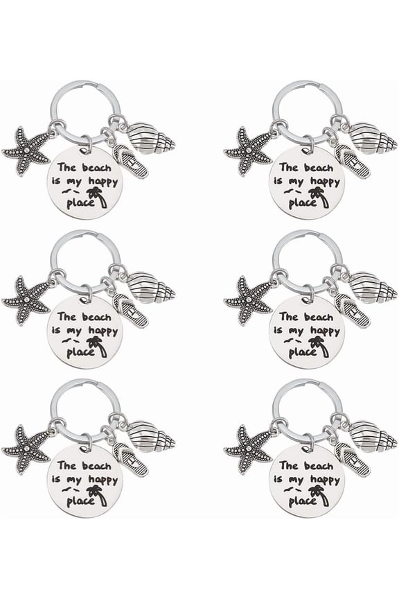 6pcs Beach Lover Gift Keychain Starfish Conch Flat Round Beach Themed Gifts Key Chain for DIY Summer Ocean Beach