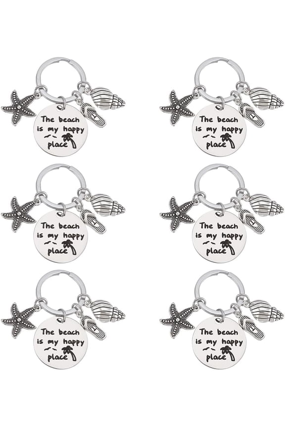 6pcs Beach Lover Gift Keychain Starfish Conch Flat Round Beach Themed Gifts Key Chain for Summer Ocean Beach Stainless Steel