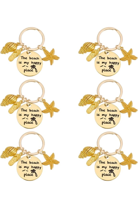 6pcs Beach Lover Gift Keychain Starfish Conch Flat Round Beach Themed Gifts Key Chain for Summer Ocean Beach