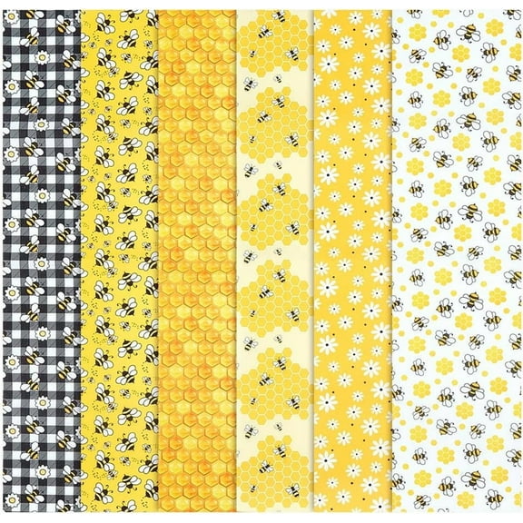 6pcs Bee Daisy Cotton Fabric Bundles Bee Theme Quilting Patchwork Honeycomb Plaid Pattern Craft Fabrics Yellow Sewing Fabrics