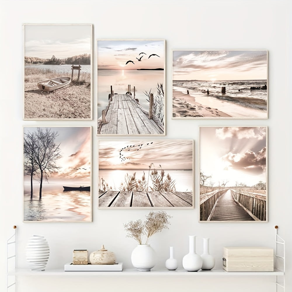 6pcs Beige Landscape Wall Art, Bridge Wall Pictures, Hay Reed Print ...