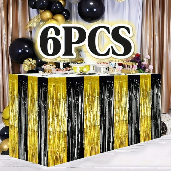 6pcs Black & Golden Metallic Fringe Streamers Garland - Heavy-Duty Plastic Golden Foil Tinsel Banner with Black Edges, 29x108 Inch Long Hanging Decorations for Christmas, Birthday,Parades