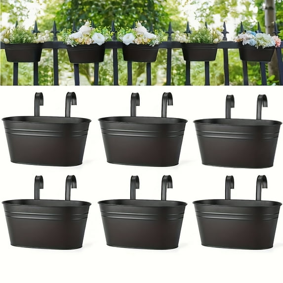 6pcs Black Metal Iron Hanging Flower Pots For Hanging Buckets And Flower Pots On Railings And Fences In Rural Style Windows With Detachable Hooks