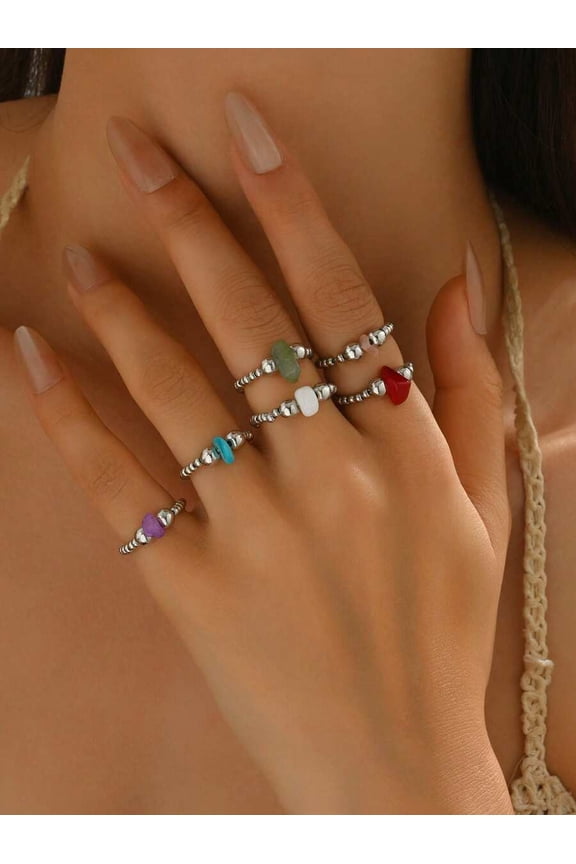 6pcs Bohemian Multicolor Beaded Elastic Ring Set, Handmade Woven Rings With Colorful Gemstones For Daily Wear