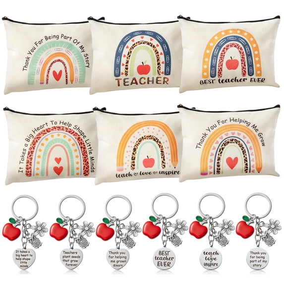 Laffact Boho Rainbow Canvas Cosmetic Bag with Keychain Set for Teacher Appreciate Birthday Party,6pcs