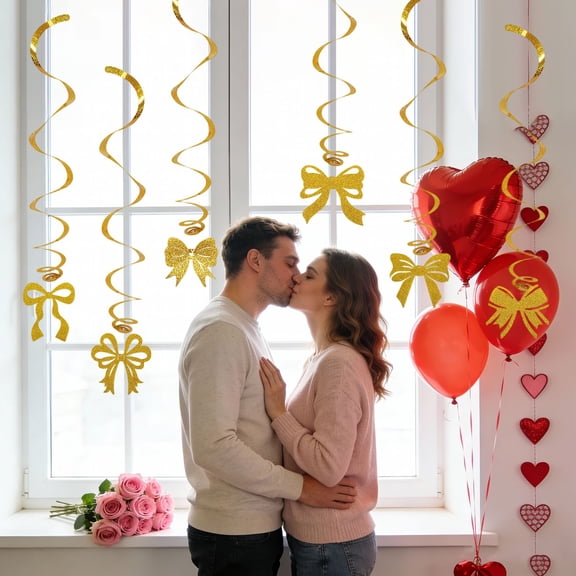 6pcs Bow Swirl Hanging Pendant - Cute Decorative Swirl Pendants for Birthday Wedding Shower Party, Colorful Hanging Decor for Ceiling Wall Table Centerpiece Room Decoration Display, Gold