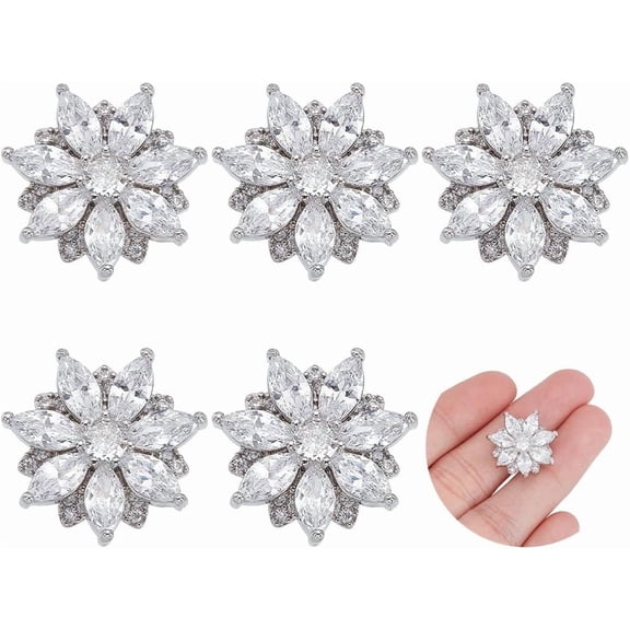 6pcs Brass Micro Pave Clear Cubic Zirconia Buttons Flower Platinum 18x18x7.5mm Hole: 1.4mm Brass
