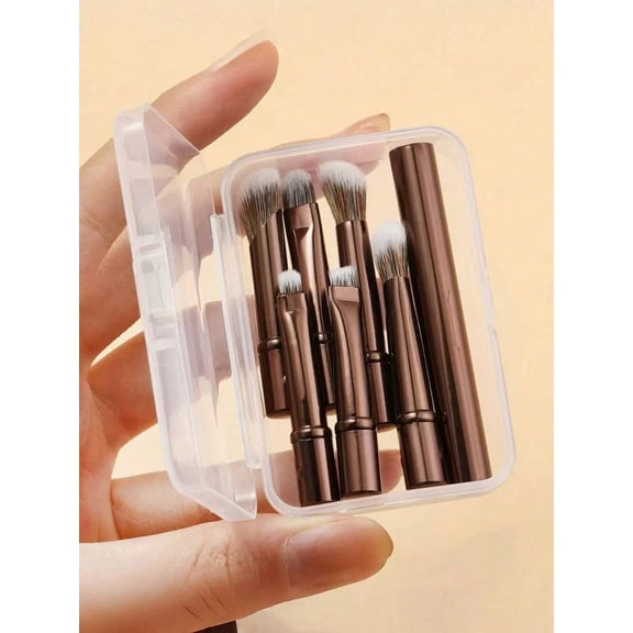 6pcs Brown Portable Makeup Brush Set - Detachable Mini Travel Brushes with Contour, Concealer & Eyeshadow Heads, Compact Multi-Functional Cosmetic Tool Kit