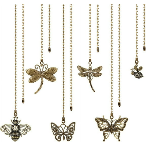 6pcs Butterfly Bee Ceiling Fan Pull Chain Dragonfly Vintage Charm Pendant Chain Extender with Iron Ball Chain Connector for Fan Table Lamp Decoration 13~14.5inch Bronze