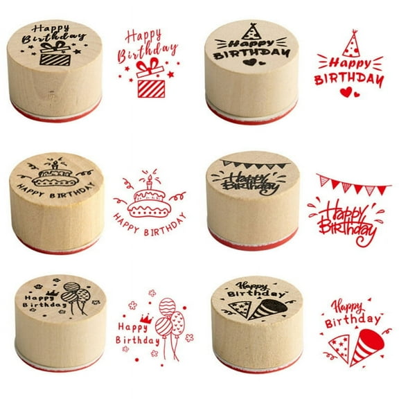 6pcs Card Making Stamps Set Happy Birthday Decorative Mounted Wooden Rubber Stamp DIY Crafts Letters Diary Scrapbooking