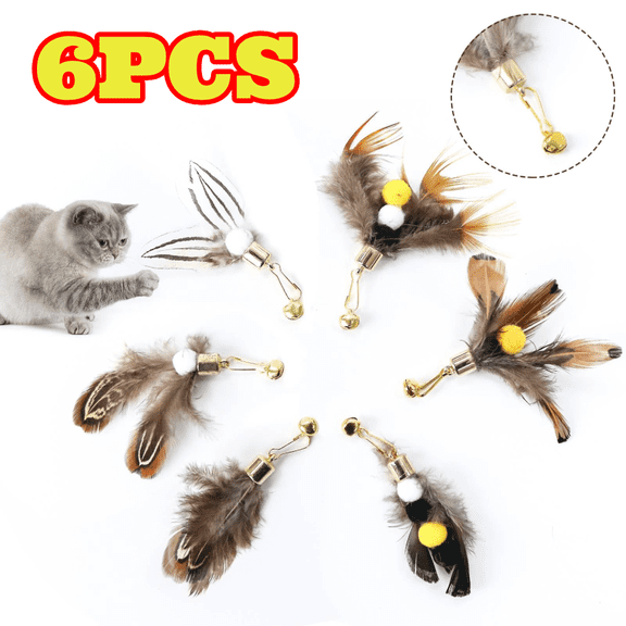 6pcs Cat Insect Feather Toy Wand Replacement, Cat Toys Feather Refills Replacement Heads with Bells, Natural Feather Interactive Cat Toys