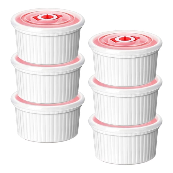 6pcs Ceramic Ramekins With Lids, Oven Safe Ramekins, Creme Brulee Ramekins Dessert Cups, Stackable Ceramic Baking Bowls for Oven, White Custard Cups for Souffle, Ice Cream, Pudding