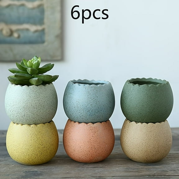 [6pcs Ceramic Succulent Pots] 6pcs Ceramic Succulent Pots with Drainage - Half Dragon Egg Shell Design Flower Pot for Cactus, Home, Office, Windowsill Decorations