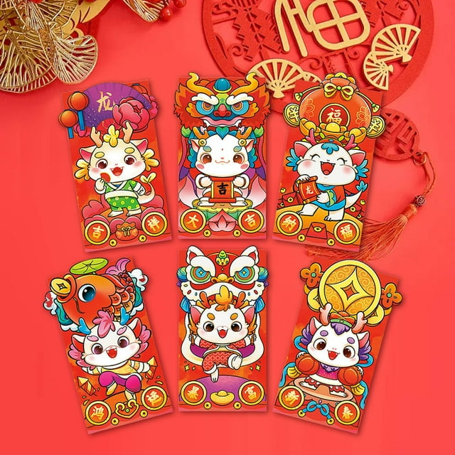 6pcs Chinese New Year Dragon 2024 Red Envelopes Cute Cartoon Dragon