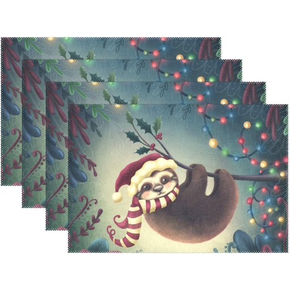 6pcs Christams Sloth with Santa Hat Placemat - 12x18in - Washable Heat Crease Resistant Printed Place Mat for Kitchen Dinner Table