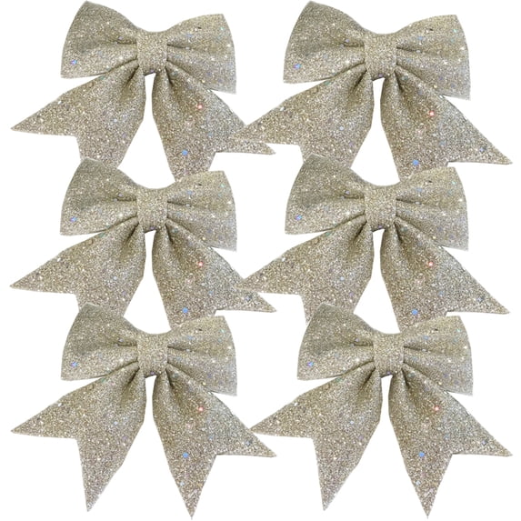 6pcs Christmas Bow Decorations, Champagne Wreaths Bows, Small Christmas Tree Bow Sequin Bow Ties, Xmas Decorative Bows Ornaments for Home Christmas Party