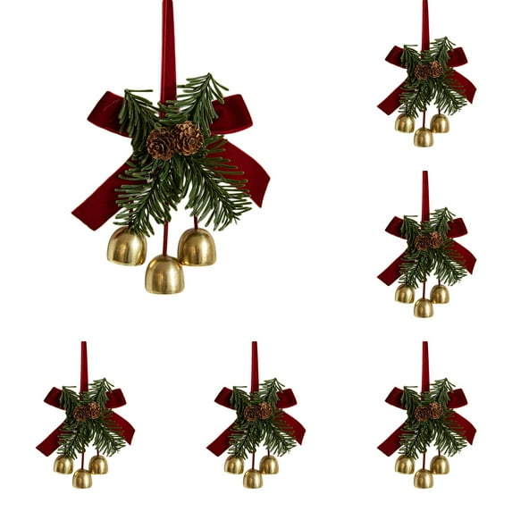 6pcs Christmas Bows with Bells Velvet Ribbon Decorations,with Pinecone Pine Needle and Leaf for Xmas Tree Wreath Door Decor, Festive Gold Ironwork Hanging Ornaments for Home Wedding Indoor Party
