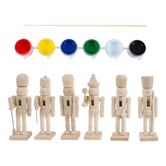 6pcs Unpainted Wood Nutcrackers Paints Brush Nutcrackers Figures Christmas Soldiers Unfinished Puppet Decorations