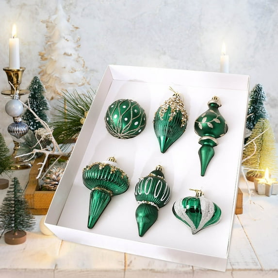 6pcs Christmas Plated and Painted Assorted Shape Ball Ornament Set - Colorful Hanging Decor for Home Decor, Holiday Parties & Gift Bags, Durable Electroplated Painted Ornaments, 10.6*12*2.36in, E