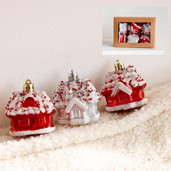6pcs Christmas Small House Ornament Gift Set - Painted Christmas Tree Hanging Decorations, Colorful Festive Ornaments for Home & Party, Cute Gift Boxed Xmas Keepsakes, 1.6*3.5*1.2in, Multicolour