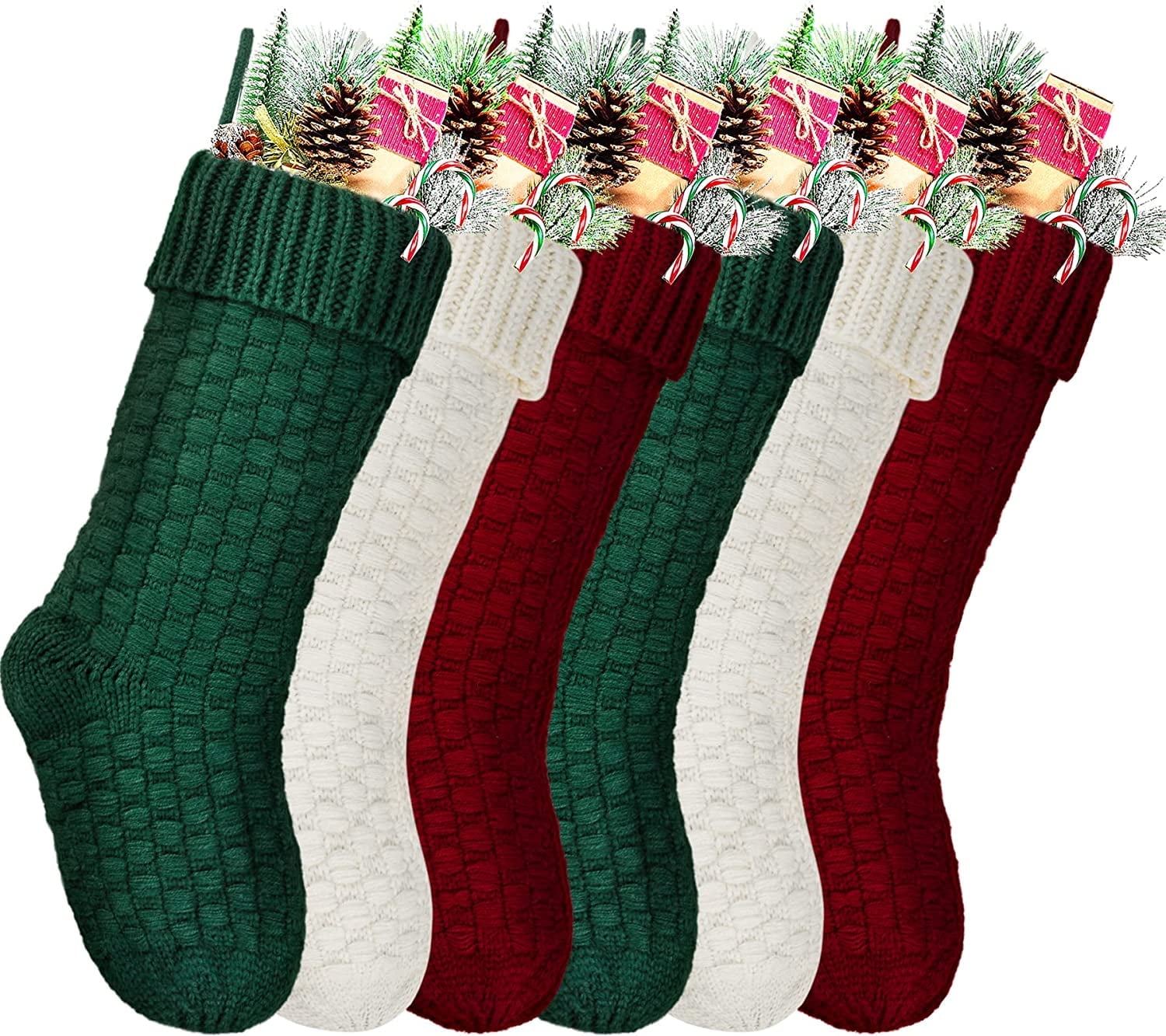 Set of 6 Burgundy, Ivory, Green Cable Knit Christmas Stockings