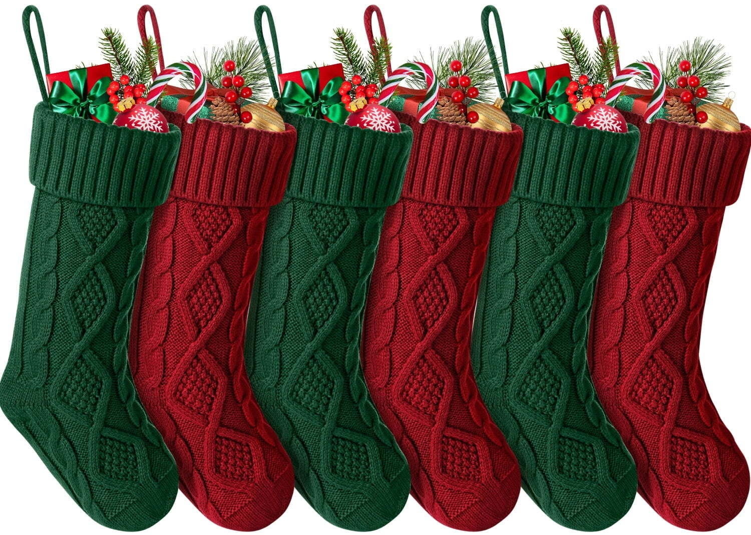Set of 6 Burgundy, Ivory, and Green Knit Christmas Stockings
