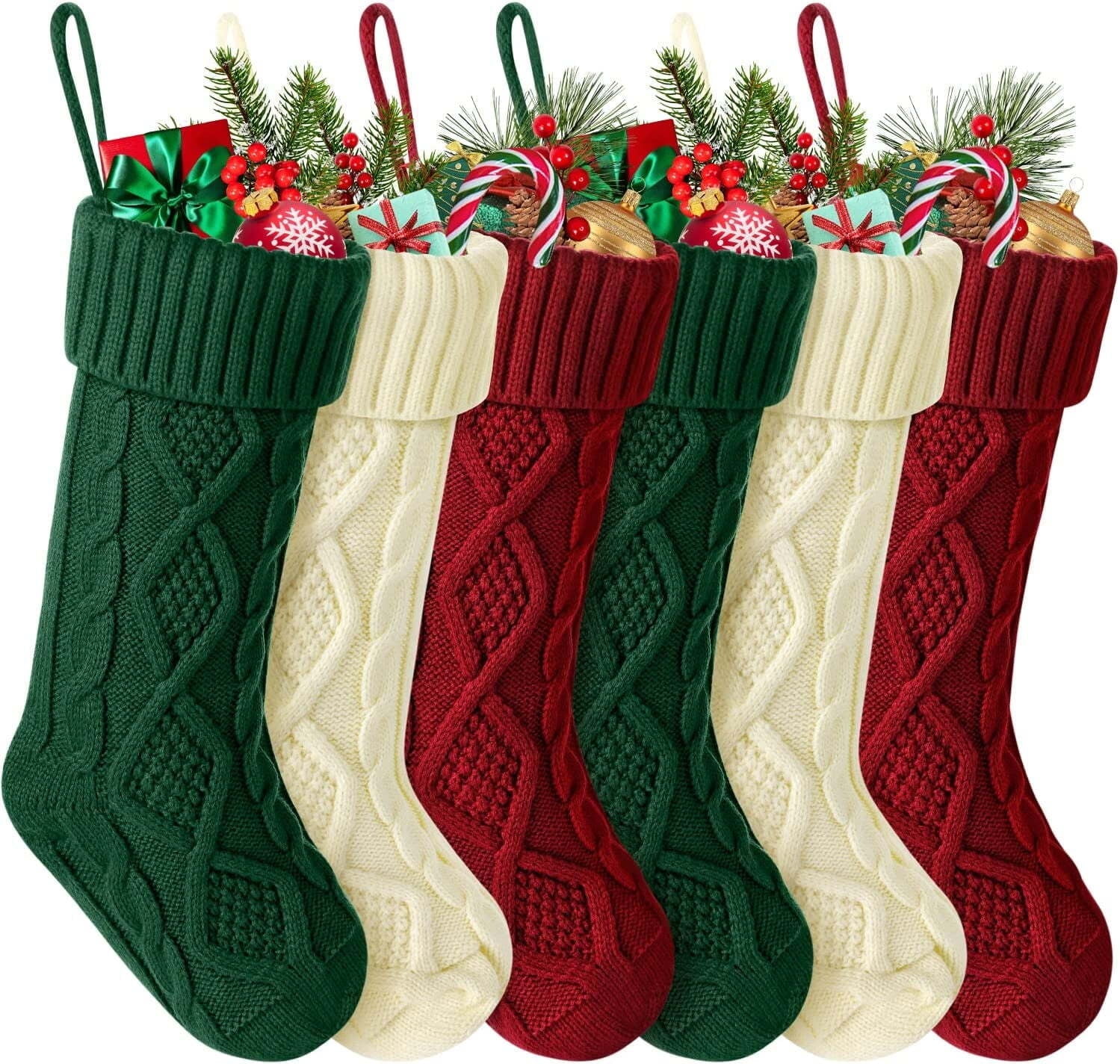 Set of 6 Burgundy, Ivory, and Green Knit Christmas Stockings