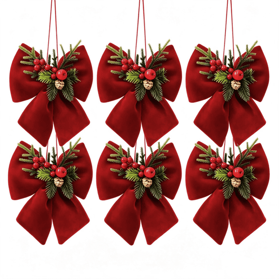 6pcs Christmas Velvet Bow, Xmas Bow with Pine Cones Pine Needles Berries, Hanging Rope Design, Stable Structure, 2 Size Options for Fireplaces Christmas Tree Decor