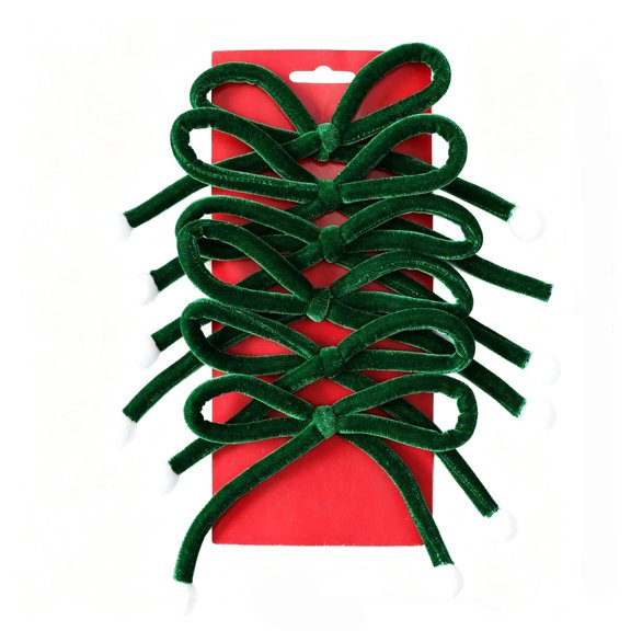 6pcs Christmas Velvet Bows with Plush Balls for Xmas Tree Wreath Fireplace Decor, Green