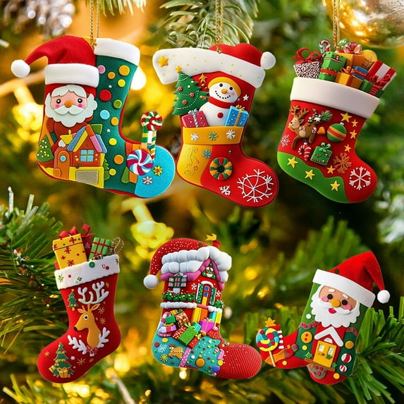 6 Pcs Christmas stockings Christmas Tree Snowman Gift 2D Flat Car Rear View Mirror Accessories Christmas Tree Ornament Decoration Hanging Charm Interior Rearview Pendant Decor Gift