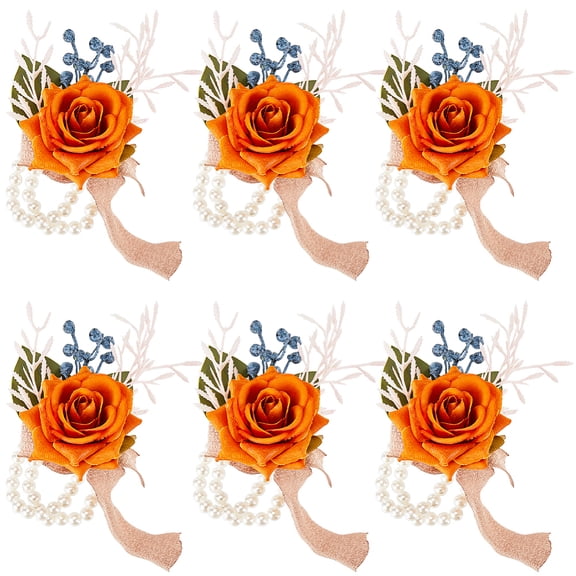 6pcs Cloth Flower & Foam Wrist Corsage with Plastic Pearl Hand Flower for Bride or Bridesmaid Wedding Party Decorations Dark Orange Inner Diameter: 1-7/8 inch(4.7cm)