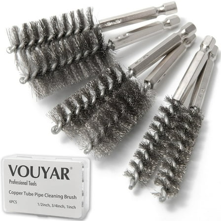 6pcs Copper Tube Pipe Cleaner, 1/2” 3/4” 1” Pipe Cleaning Brush Set, Stainless Steel Wire Bore Brushes for Power Drill, 1/4 inch Hex Shank