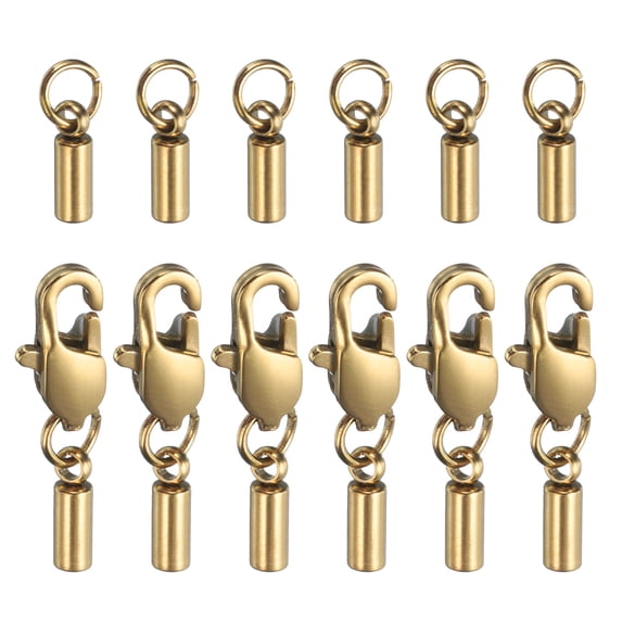 6pcs Cord End Cap 1.8mm ID End Caps Stainless Steel with Lobster Claw Clasp Tail Buckle, Gold Tone