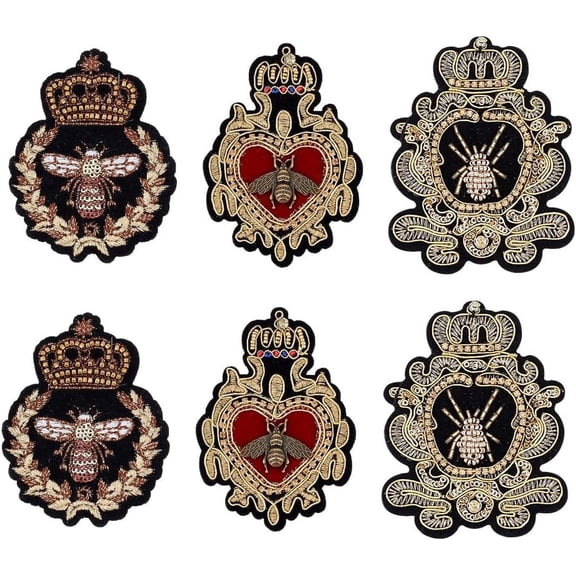 6pcs Crown Bee Badge Embroidered Applique Patch 3 Style Embroidered Badge Patch Sew On Patches DIY Decorative Patches Applique Patch for Dress Jeans Jackets Handbag Clothing