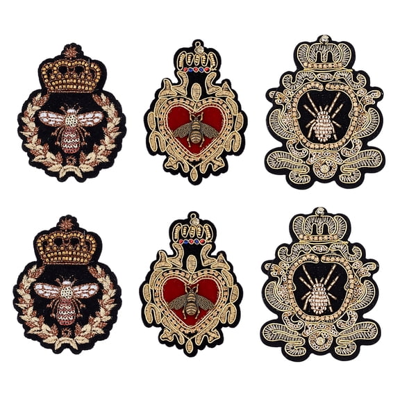 6pcs Crown Bee Badge Embroidered Applique Patch 3Style Embroidered Badge Patch Sew On Patches DIY Decorative Applique Patches for Dress Jeans Jackets