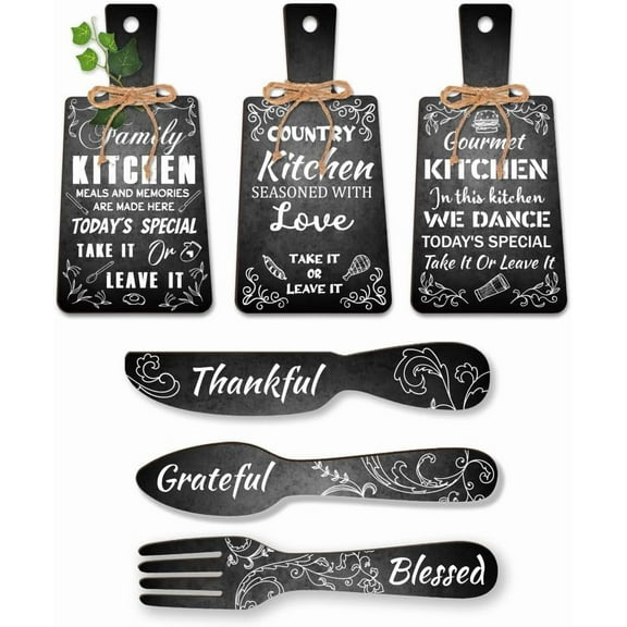6pcs Cutting Board Eat Sign Set Black and White Chalk Text Wooden Hanging Signs Rustic Dining Sign Decoration Fork and Spoon Wall Decor