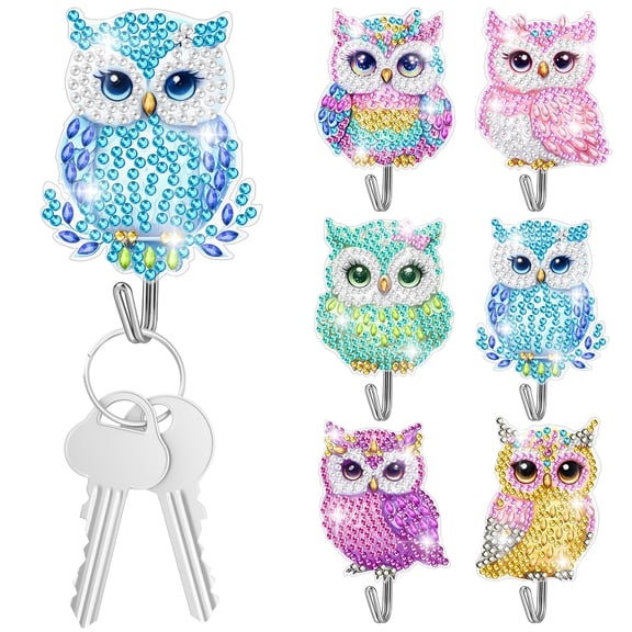 6pcs DIY Diamond Art Hooks, TSV Diamond Painting Kits for Adults DIY Diamond Art Painting Wall Hook, Owl Pattern Rhinestone Sticky Wall Hangers for Keys, Towels, Bags, Home Decor
