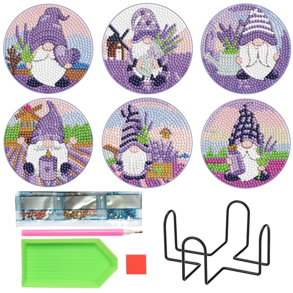 6pcs DIY Diamond Painting Coaster Kit with Mandala Dwarf Design and Stand, Ideal for Home Decor and Gift Giving