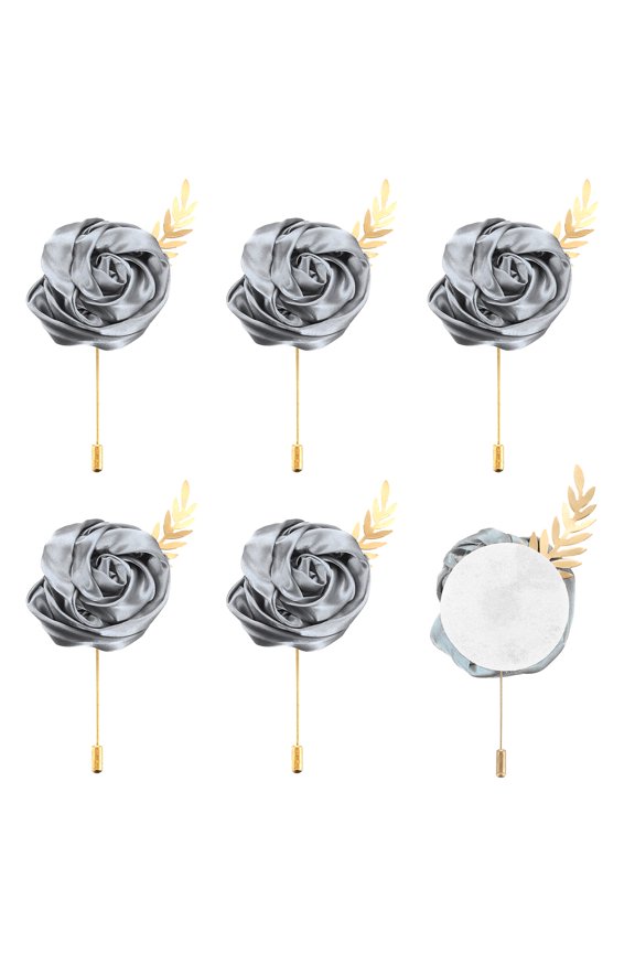 6pcs Dark Grey Rose Boutonnieres Flower Buttonholes Pocket Boutonnieres Pins with Leaf for Wedding (4.7 x 2 Inch)