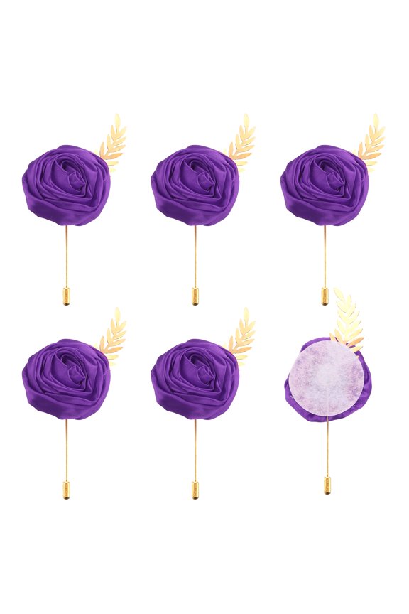 6pcs Dark Purple Rose Boutonnieres Flower Buttonholes Pocket Boutonnieres Pins with Leaf for Wedding (4.7 x 2 Inch)