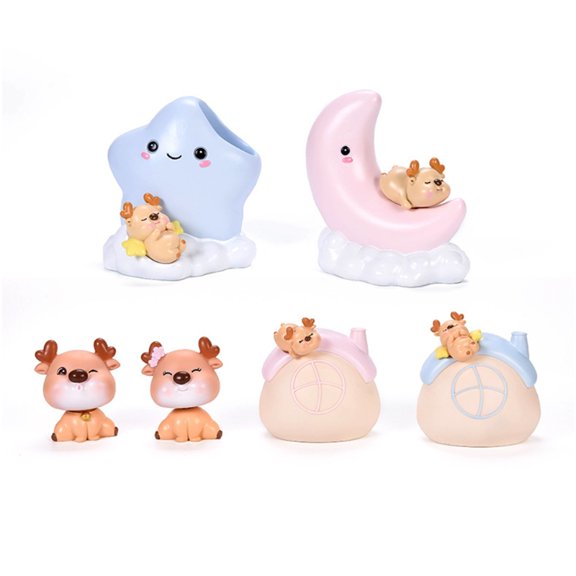 6pcs Deer Star Moon Ornaments LED Night Light Pen Holder Resin Table Lamp Decor
