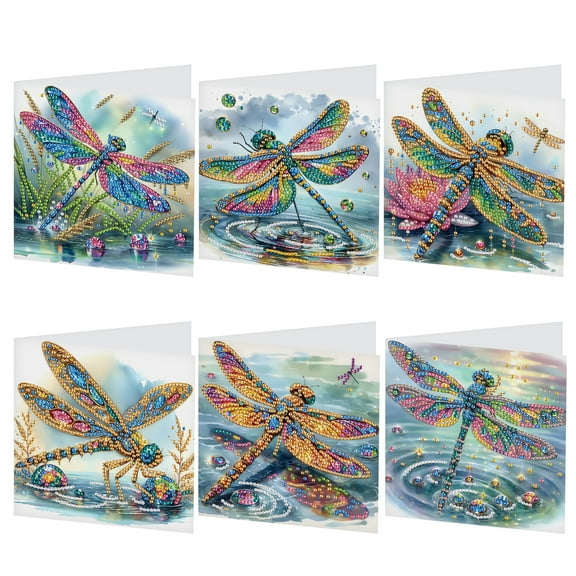 6pcs Diamond Art Painting Kit Greeting Card, Dragonfly 5D DIY Special Shape Diamond Greeting Card Creative Gifts, Christmas Thanksgiving Greeting Card Congratulation