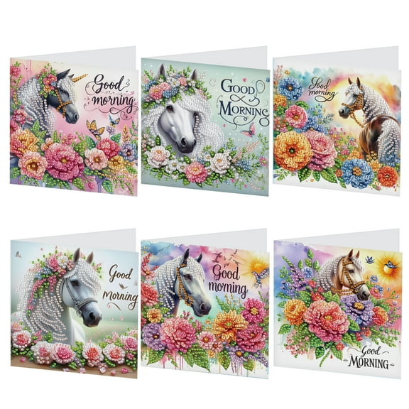 6pcs Diamond Art Painting Kit Greeting Card, Flower Horse 5D DIY Special Shape Diamond Greeting Card Creative Gift, Christmas Thanksgiving Greeting Card Congratulation