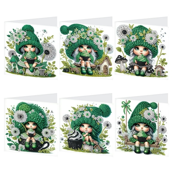 6pcs Diamond Art Painting Kit Greeting Card, Green Hat Dandelion Angel 5D DIY Special Shape Diamond Greeting Card Creative Gifts, Christmas Thanksgiving Greeting Card Congratulation